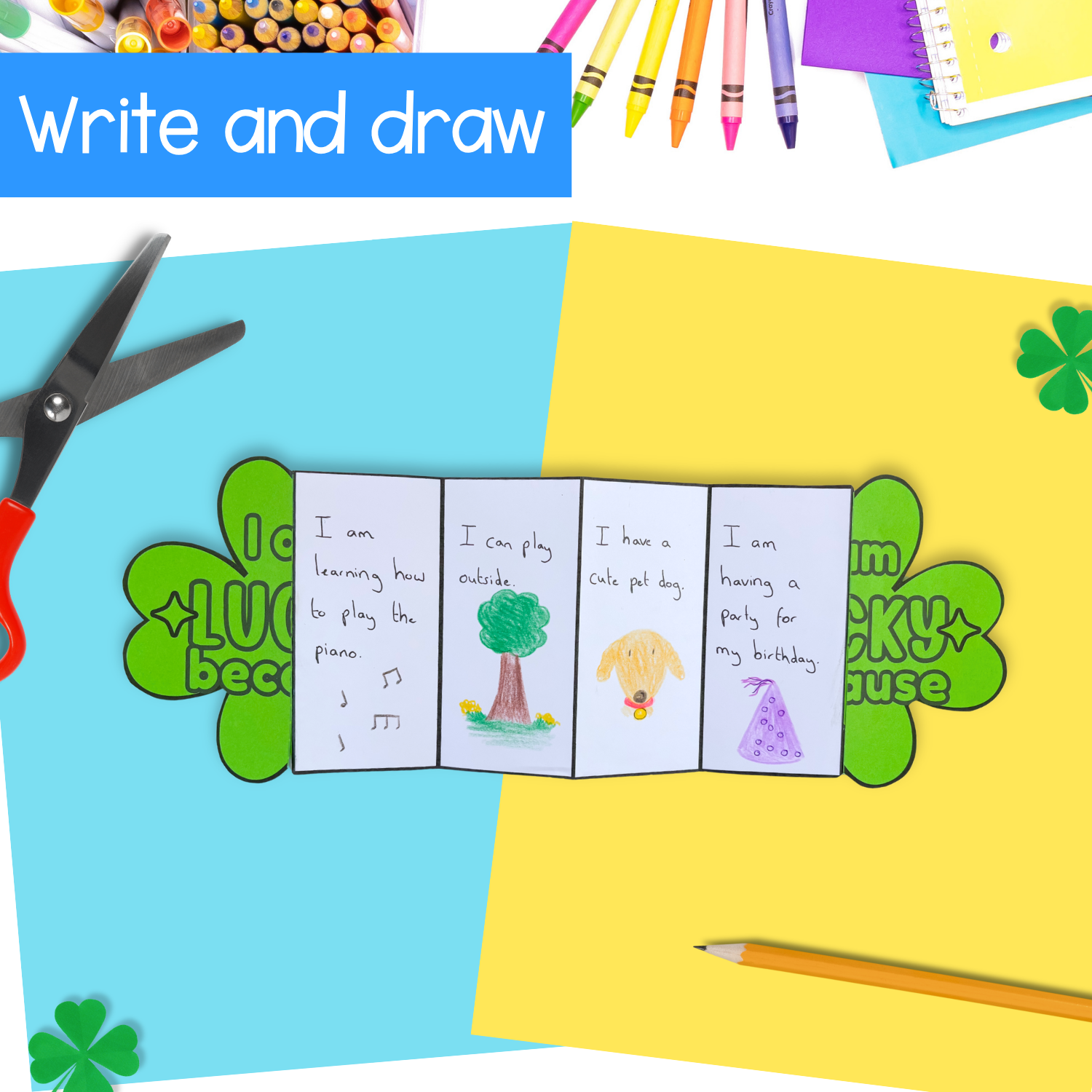 I am lucky because shamrock four leaf clover writing craft for St