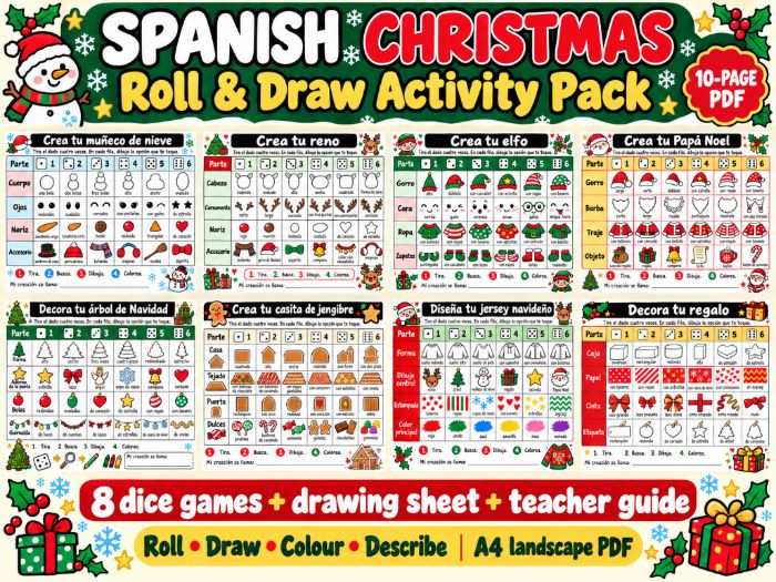 Juego de navidad - Spanish Christmas Roll and Draw – 8 Festive Dice Activities