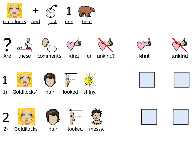 Dual coded/widgit Goldilocks and Just One Bear worksheets KS1 and SEND