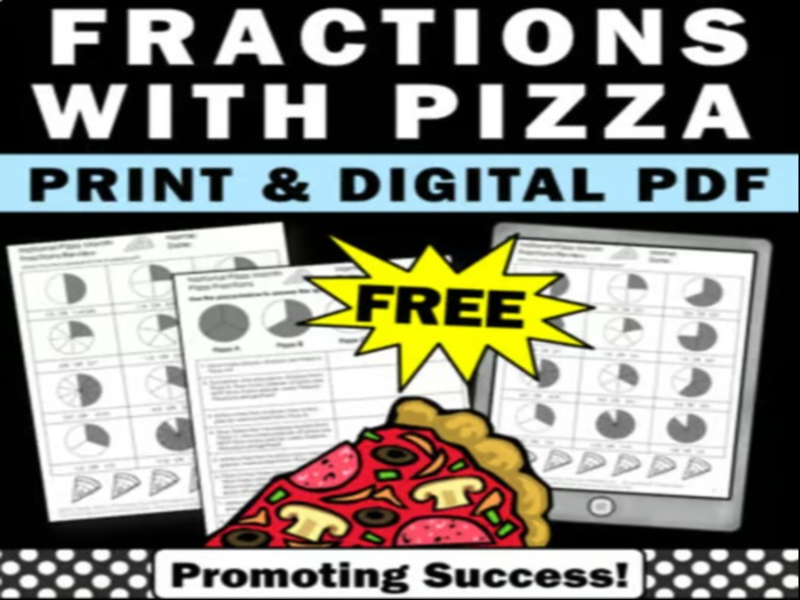 FREE Pizza Fractions Review Worksheets 3rd Grade Math Formative Assessment Quiz
