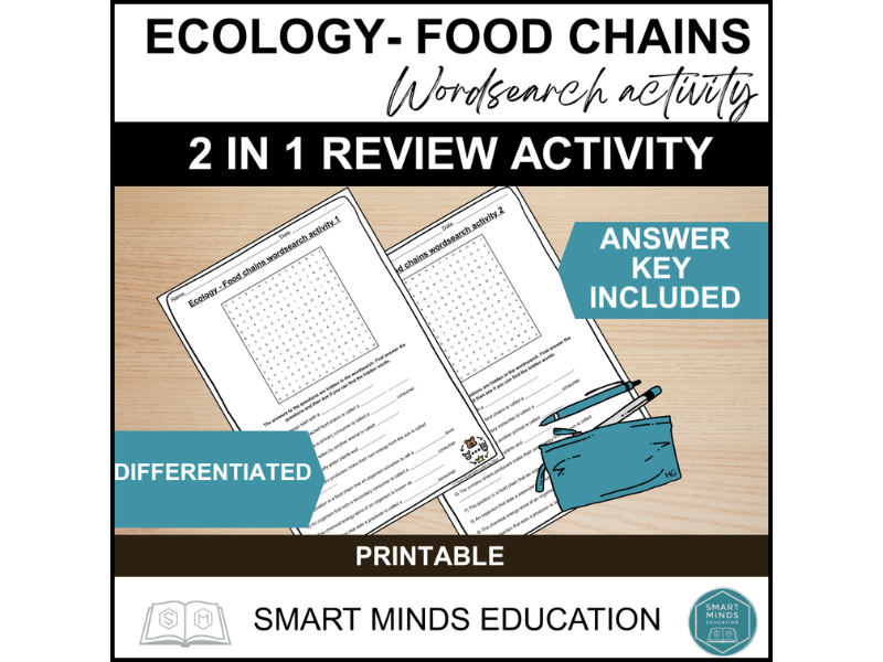 ECOLOGY - FOOD CHAINS WORKSHEET AND WORDSEARCH REVIEW ACTIVITY *PRINTABLE*
