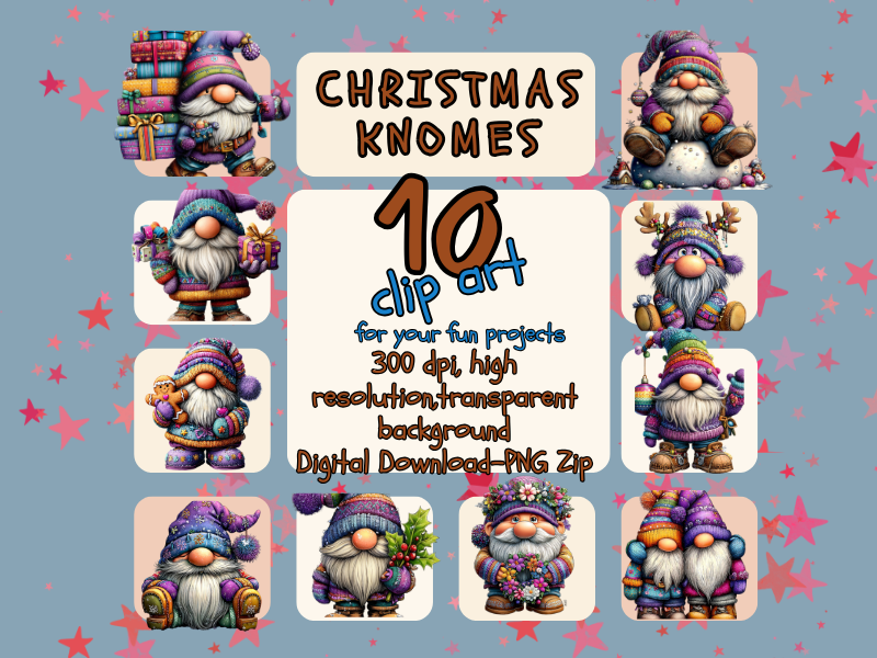 10 Christmas Gnomes Clip Art Set | Soft Purple Holiday Graphics | 300 DPI PNGs for Crafts, Cards