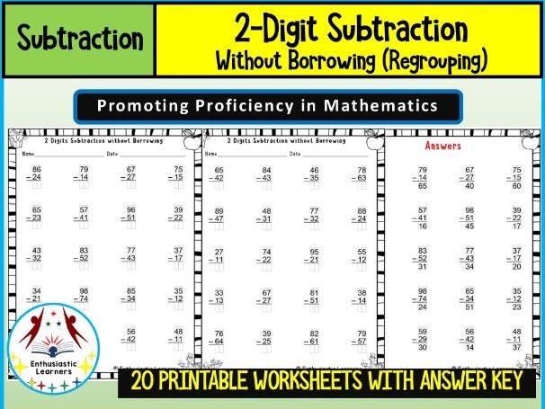 2-Digit Subtraction Without Borrowing Worksheets | No Regrouping Practice Sheets Math