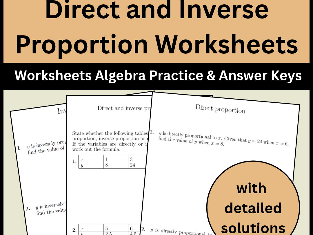 Direct and Inverse Proportion Worksheets Algebra Bundle & Answer Keys