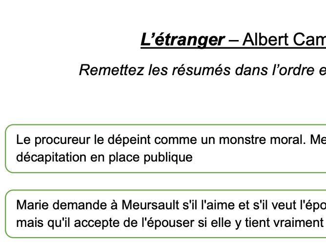 L'Etranger- Albert Camus- Activité : Résumé de l'oeuvre