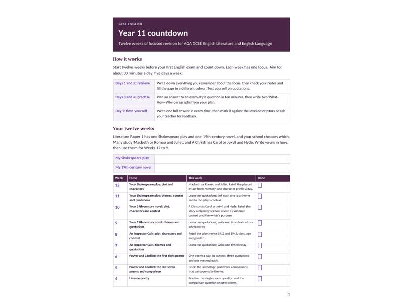 Year 11 countdown: GCSE English revision plan