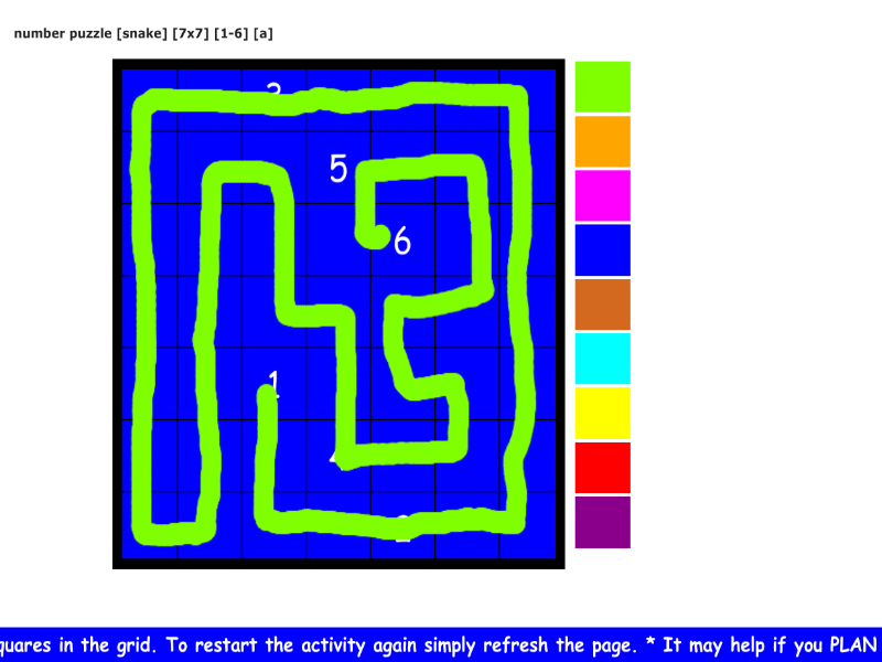 number puzzles [snake] [7x7 grid] [1-6] [a]