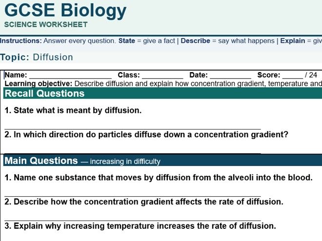 AQA GCSE Biology Diffusion Worksheet with Answers | Cells and Transport