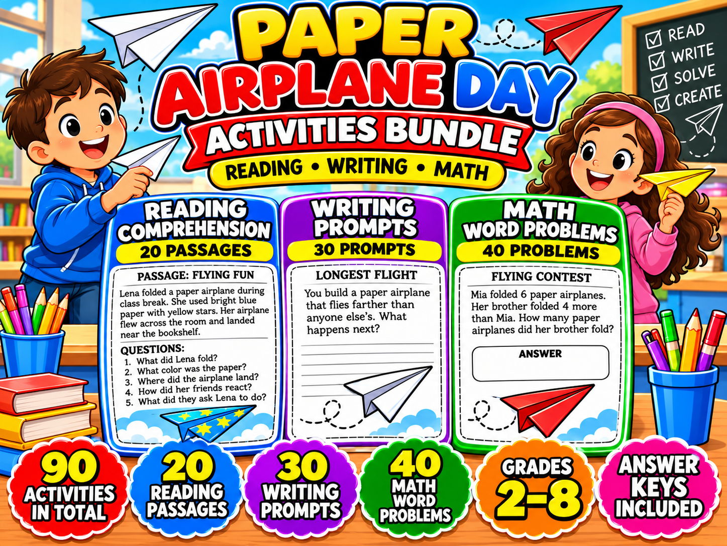 Paper Airplane Day Activities Bundle | Reading Comprehension, Writing Prompts and Math