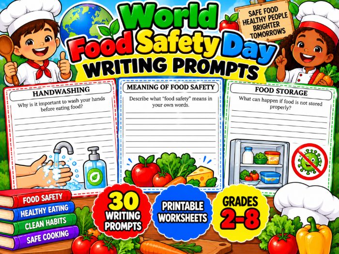 World Food Safety Day Writing Prompts | 30 Printable Worksheets for Grades 2–8