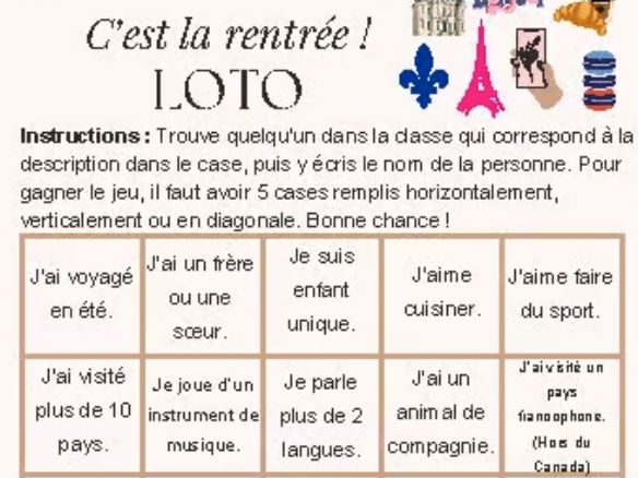 French Back-to-School Bingo (LOTO) Game