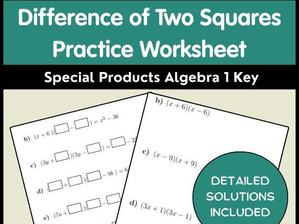 Difference of Two Squares Practice Worksheet | Special Products Algebra 1 Key