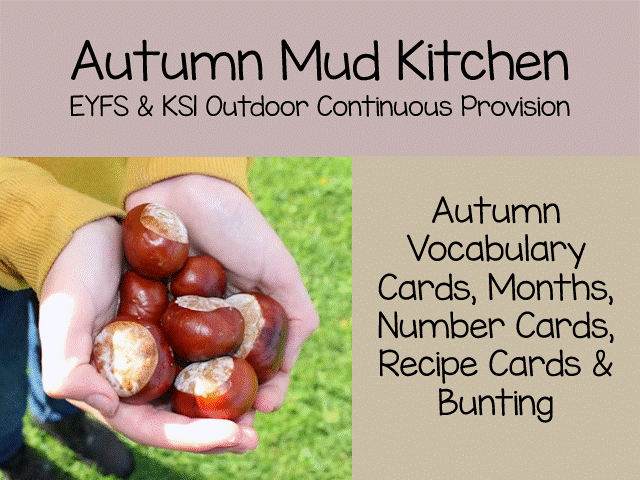 Autumn Mud Kitchen Set: EYFS Outdoor Learning Numbers, Vocabulary & Bunting