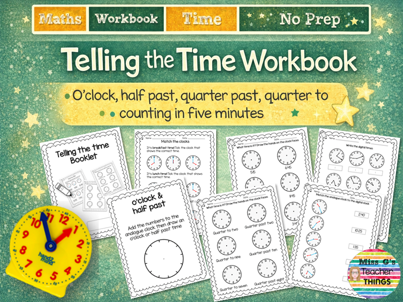 Telling the time workbook 2 - oclock half past quarter past quarter to five minute intervals