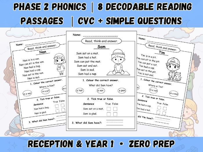 Phase 2 Phonics: 8 Decodable Reading Passages + Questions (Reception/Year 1)