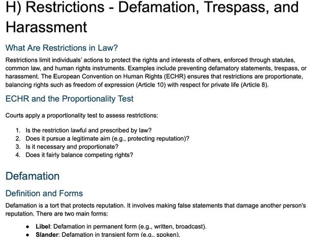 A Level Law: Human Rights - Notes on Defamation, Trespass and Harassment (WJEC/OCR/AQA)