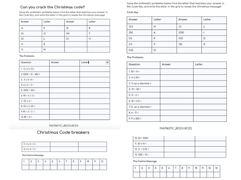 Christmas Maths Codebreakers – 7 Differentiated Arithmetic Worksheets (Google Docs)