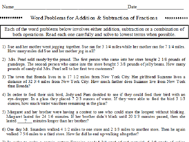 Fraction Word Problems Addition and Subtraction