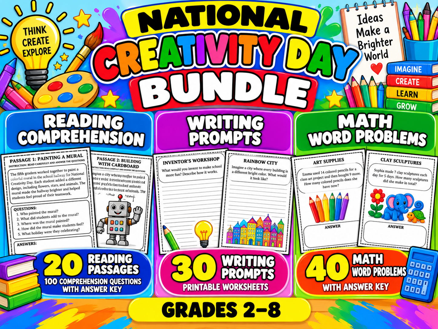 National Creativity Day Bundle | Reading Comprehension, Writing Prompts and Math