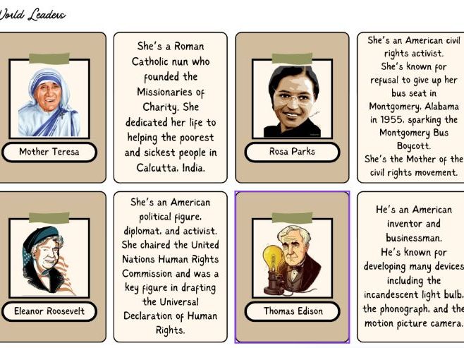 Flashcards of WORLD LEADERS / INSPIRING PEOPLE and their work