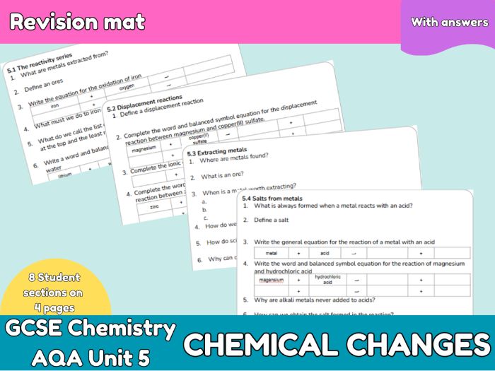 AQA GCSE Combined Science & Chemistry: Chemical Changes Revision Mat (with Answers) – Unit 5