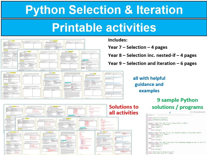 Computing / Python activities | Selection & Iteration | Year 7,8,9