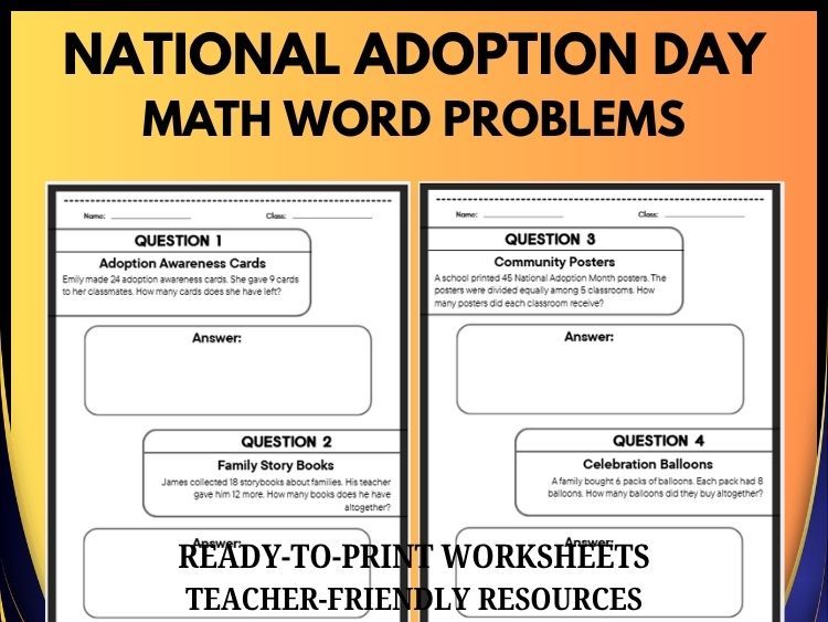 National Adoption Month Addition & Subtraction Problems