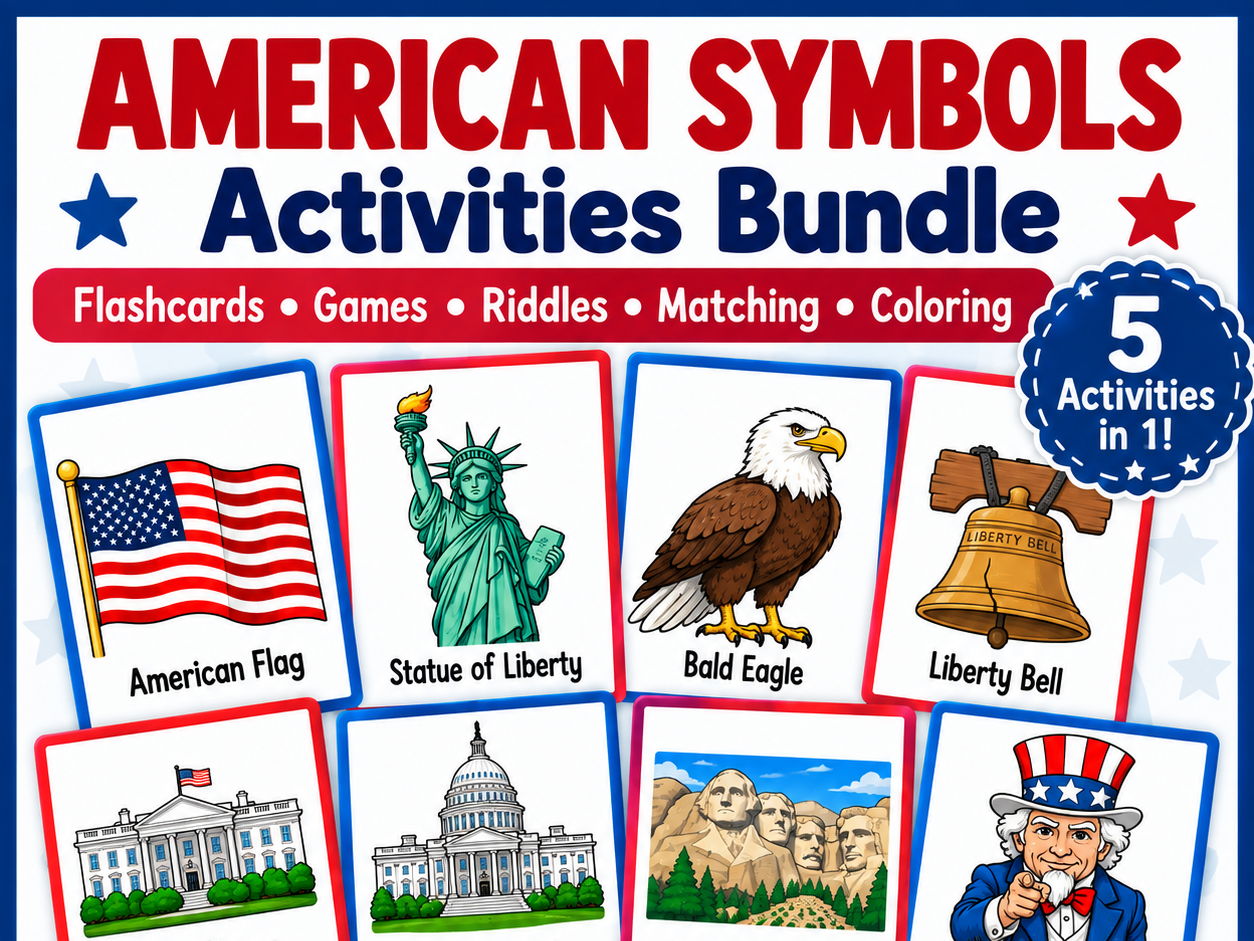 American Symbols Activities Bundle | USA Symbols Flashcards, Games & Coloring