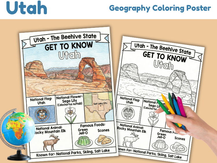 Utah Geography Coloring Poster | State Facts & Symbols