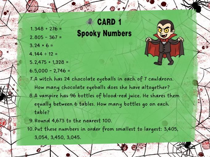 Halloween Maths Challenge Cards | 30 Numeracy Activities & Answer Sheet | P5–P7 / Second Level