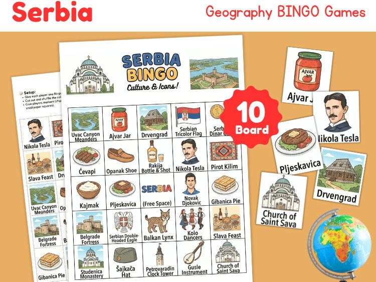 Serbia Geography Bingo Game | Culture, Landmarks & Food