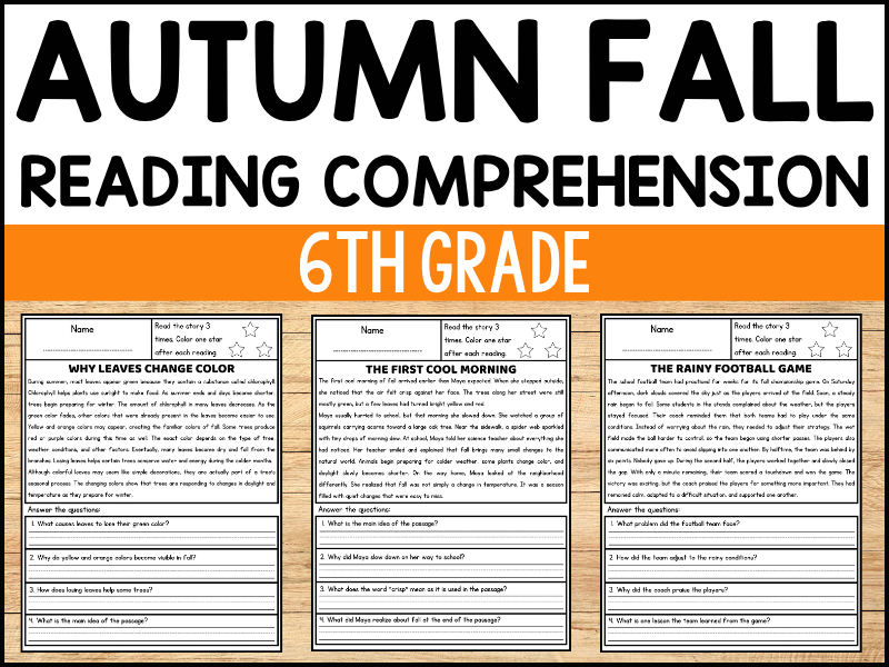 6th Grade Fall Reading Comprehension Passages and Questions Worksheets