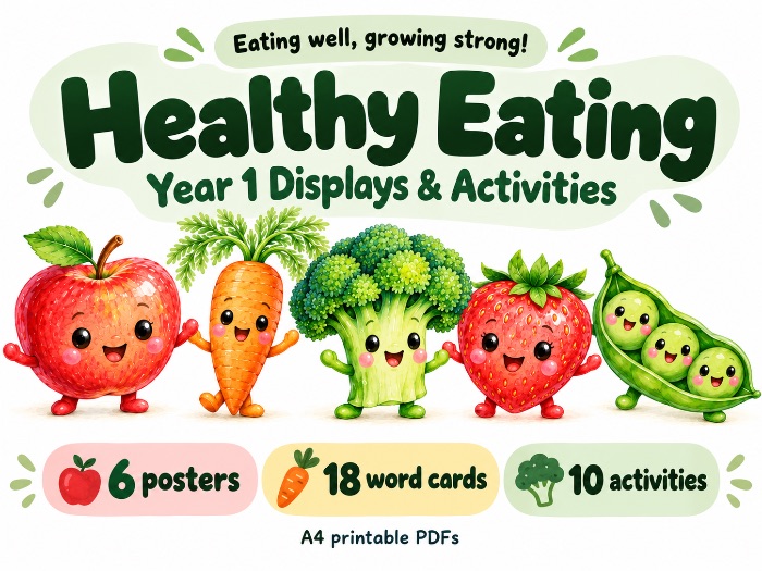 Healthy Eating Year 1 | Display Posters, Food Word Cards & 10 Morning Activities