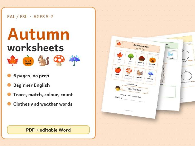 Autumn EAL/ESL Worksheets for Beginners – Ages 5–7 – Vocabulary, Colouring, Counting & Weather