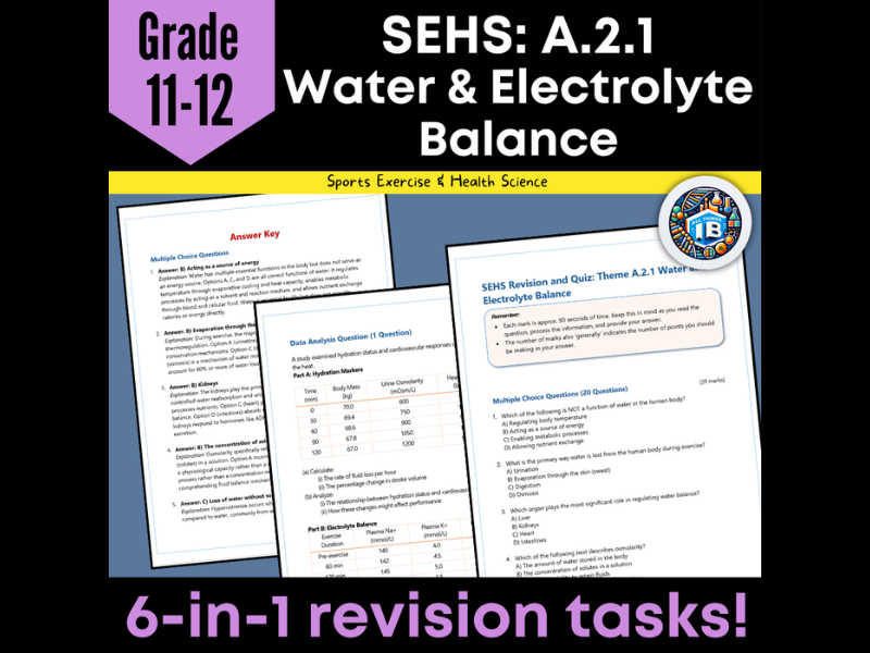 IB DP Sports, Exercise & Health Science SEHS: A2.1 Water & Electrolytes – Quiz & Revision 2026