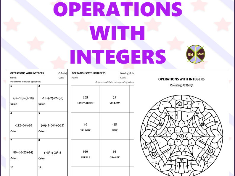 Integer Operations - Color by Code - 4th July Independence Day Themed