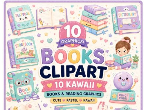 Books Clipart 10 Kawaii School Supply Clipart | Pastel Books & Reading Graphics