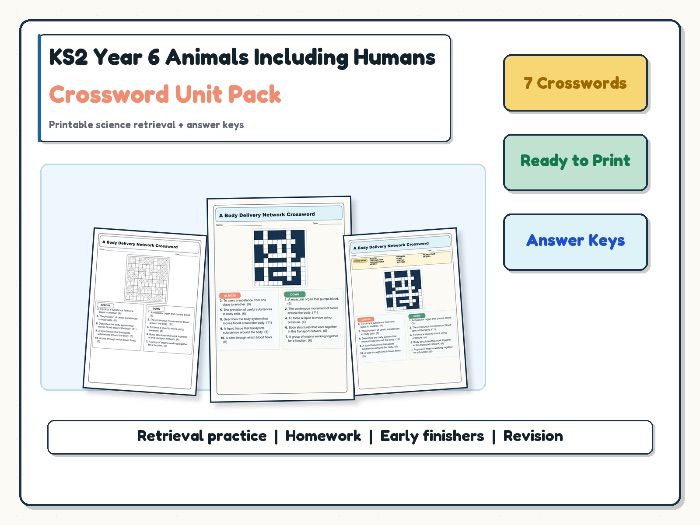 KS2 Year 6 Animals Including Humans Crossword Unit Pack | Vocabulary + Answers