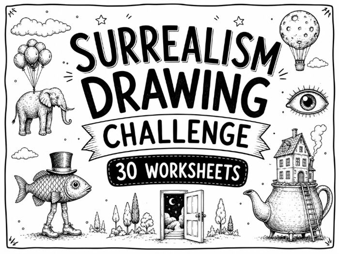 Surrealism Drawing Challenge Worksheets | 30 Creative Surreal Art Activities | KS2 KS3 Art Cover Les