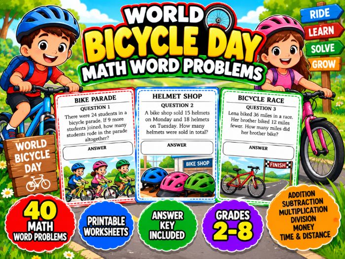 World Bicycle Day Math Word Problems | 40 Printable Worksheets with Answer Key