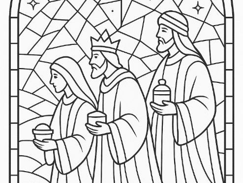 Three wise men Christmas Nativity Stain Glass style colouring page