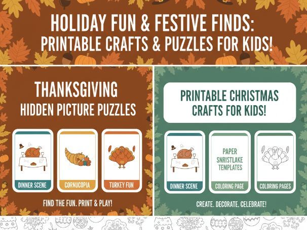 Printable Crafts & Puzzles for Kids Thanksgiving Hidden & Christmas Crafts