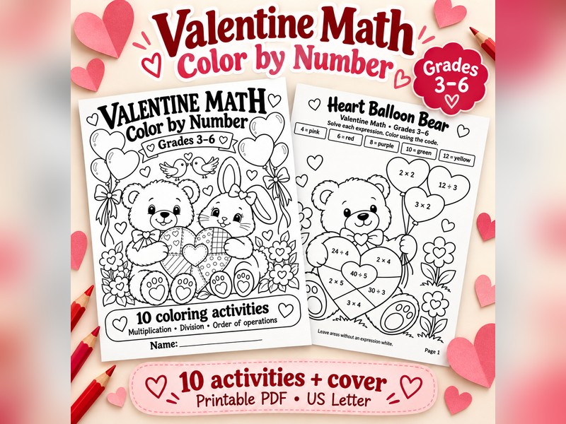 Valentine Math Colour by Number Grades 3-6