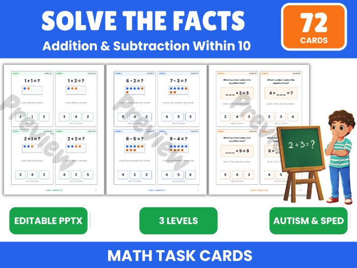 Addition & Subtraction Within 10 Cards
