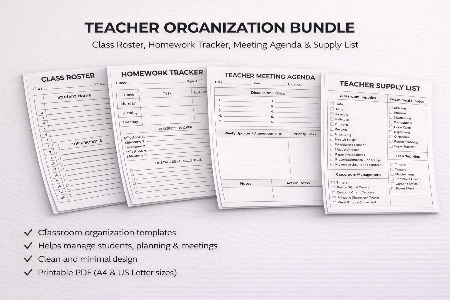 Teacher Organization Bundle for Teachers | Class Roster, Homework Tracker, Meeting Agenda & Supply List