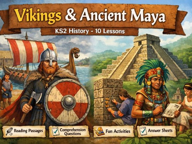 KS2 History Vikings and Ancient Maya Pupil Booklet (10 Lessons, Comprehension, Activities, Answers)