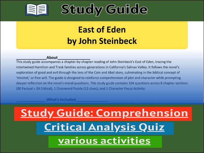 Study Guide for : East of Eden by John Steinbeck & Comprehension Test