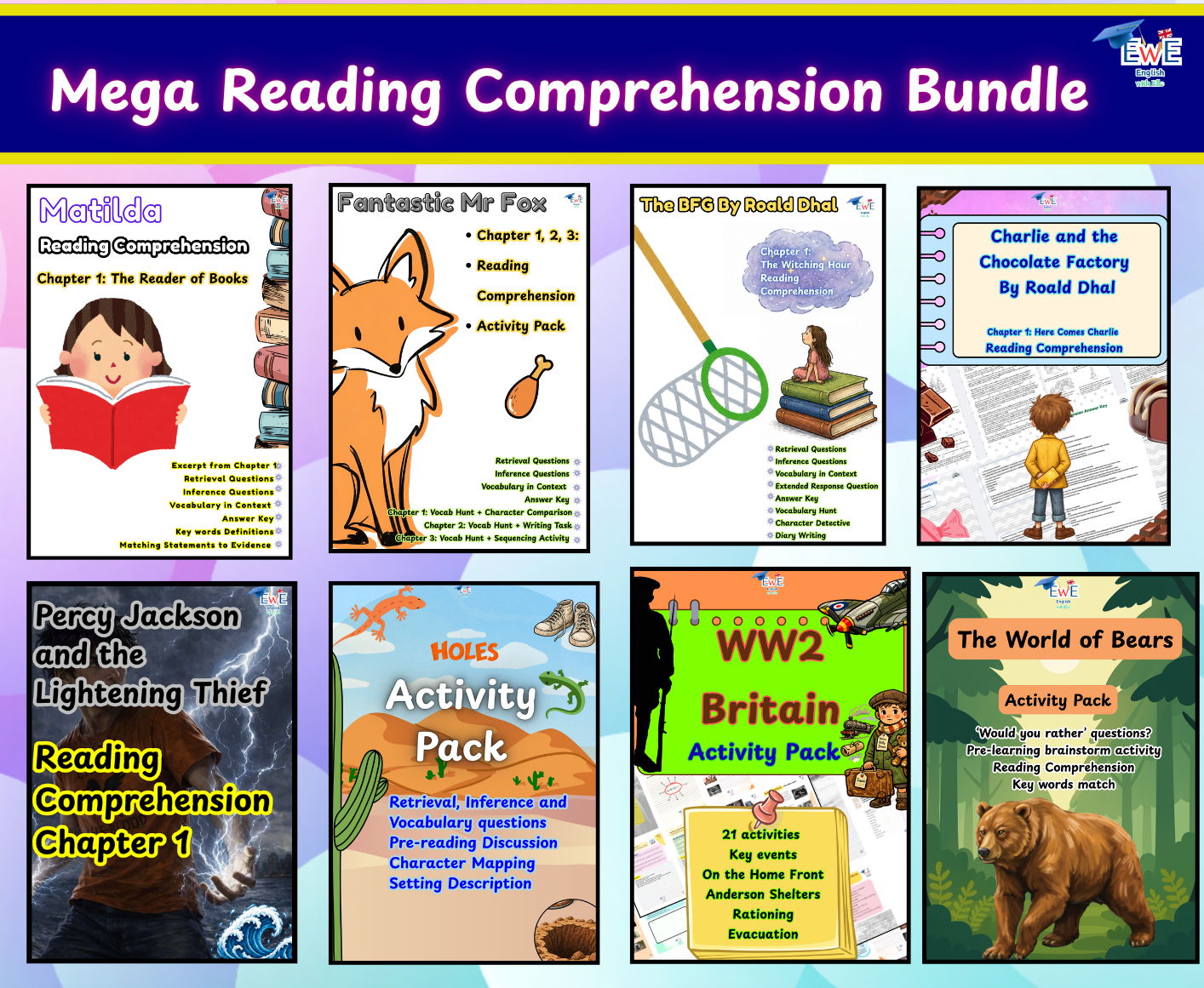 Mega Reading Comprehension + Activity Packs Bundle: 8 Themed Packs (Harry Potter, Charlie and the Chocolate Factory, Dreams, Fantastic Mr Fox, The BFG, Percy Jackson & More)