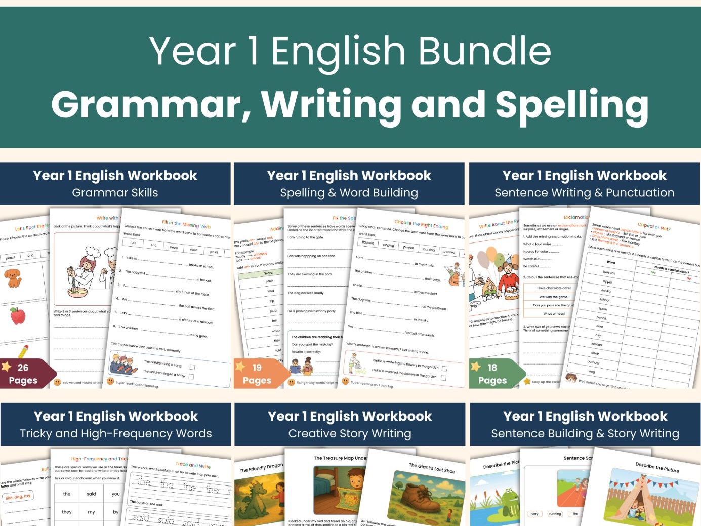 Year 1 English Workbook Bundle | Grammar, Writing and Spelling | Printable Worksheets