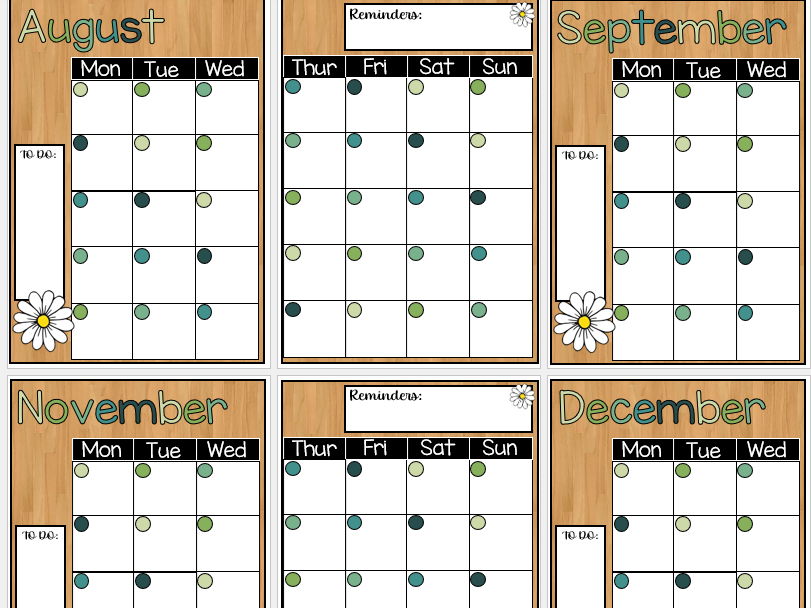 Monthly Planner and Calendar in Cool Colours